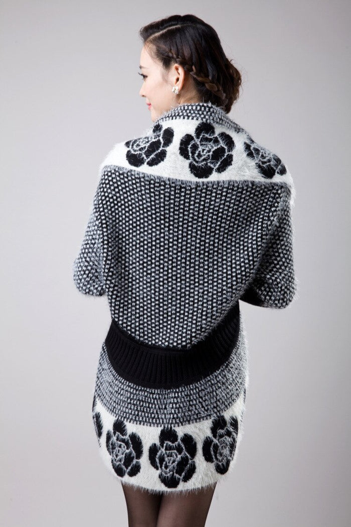 Back Long Knitted Printed Shawl Open Stitch Jacquard Sweater