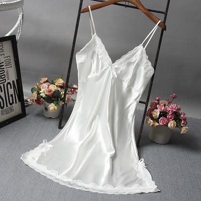 Lace Deep V-neck Nightdress Sexy Lingerie Nightgowns Sleepwear Night Dress Women Sleeveless Nightwear Faux Silk Satin Nightshirt