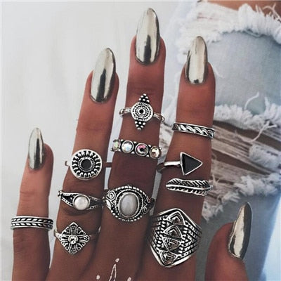 Boho Finger Jewelry Crown Geometric Rhinestone Leaf Women Ring Sets Hollow Stacking Finger Rings Vintage Silver Color