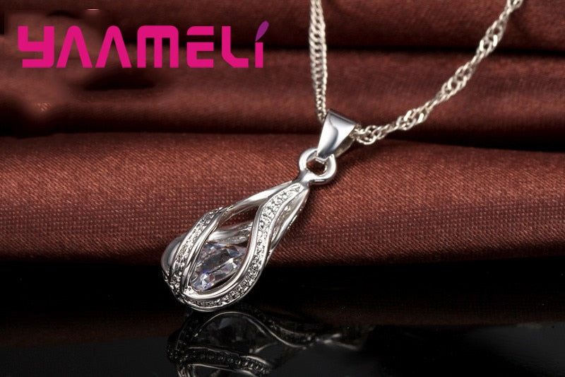 Hot Water Drop CZ 925 Sterling Silver Jewelry Set For Women Pendant Necklace Hoop Earrings Wedding Party Ceremoey Anel