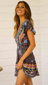 Floral Print Ethnic Summer BeachSplit Stylish Style Sleeveless V-Neck Spaghetti Strap Beach dress