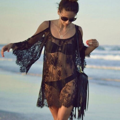 Women Saida De Praia Bathing Suit Lace Crochet Bikini Swimwear Cover Up Casual Beach Dress Vestido Loose Hollow Shoulder Dresses