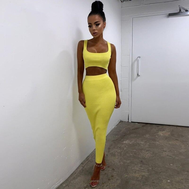 women ribbed knit two piece set long skirt crop tank top sexy elegant festival matching co ord clothes party 2019 summer outfits