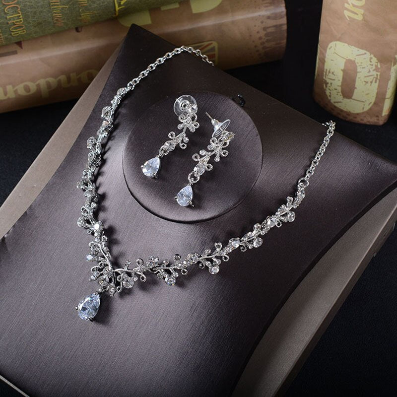 TREAZY Luxury Cubic Zircon Crystal Bridal Jewelry Set Floral Waterdrop Necklace Earrings Set for Women Wedding Party Jewelry Set