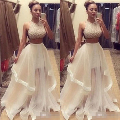 new style Fashion Hot Sexy Women Lady Two Piece Sequins Tulle Dresses Formal Evening Party Gown