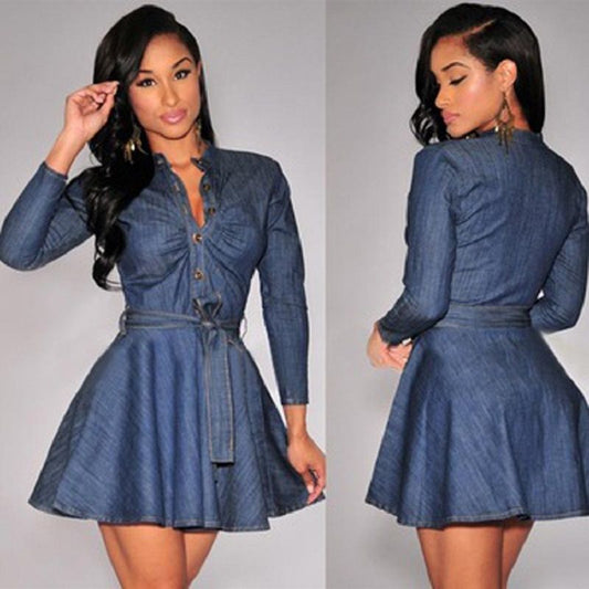 Slim Fit Denim Dress Bowknot Belt Long Sleeve Shirt Dress