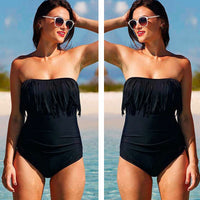 One-Piece Bikini Solid Off Shoulder Tassels Swimsuit Beachwear Swimwear Ladies Push Up Plus Size XL-4XL Swimwear
