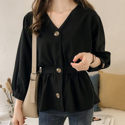 Women&#39;s Casual V Neck Button Up Slim Ruffles Waist Long Sleeve Solid Blouse Batwing Sleeve Shirt Women Tops Female  Autumn