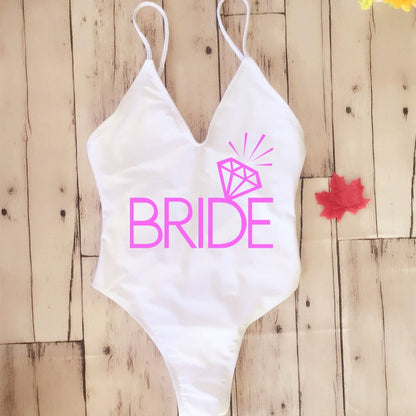 Thong padded Sexy One Piece Swimsuit Fused Swimwear Backless White Team BRIDE& SQUAD Bikini