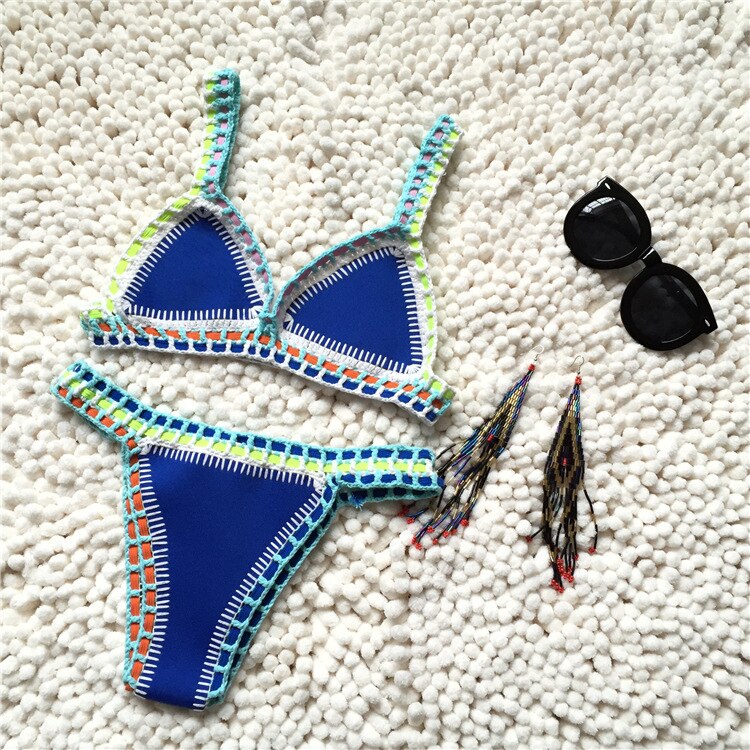 Hand Crocheted Bikini Knit Patchwork Women 2 Piece Swimsuit Halter Top Brazilian Bathing Suit