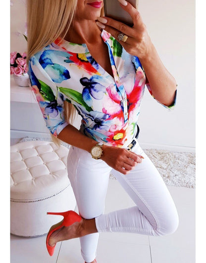 3/4 Sleeve Floral Loose Blouses Tops Woman Female Shirt