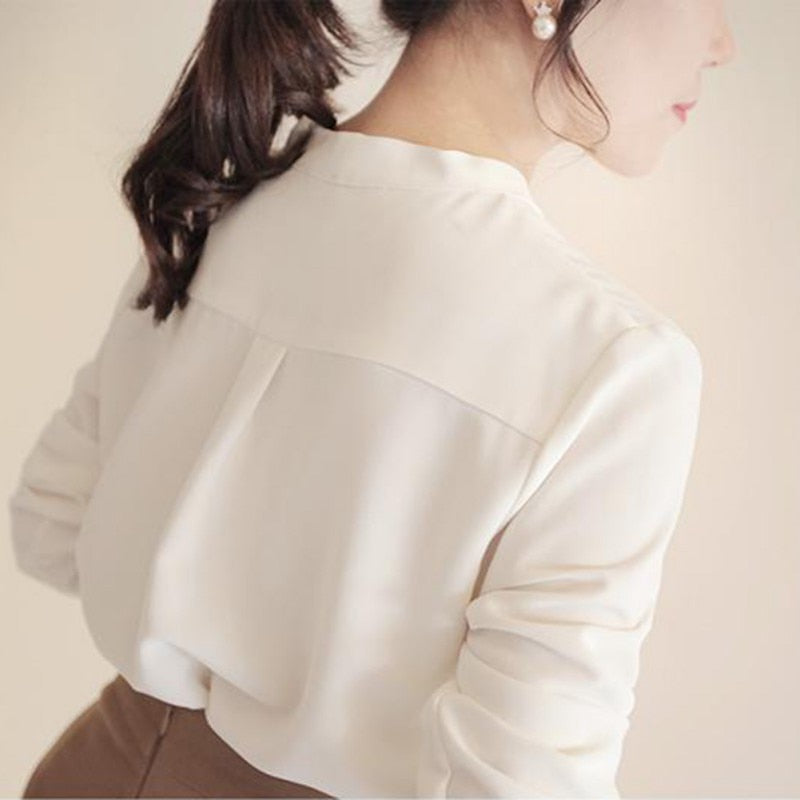 New Ladies Tops Office Chiffon Blouse Women Fashion V-neck Long Sleeve white Shirt Female Casual Spring Blusas Mujer