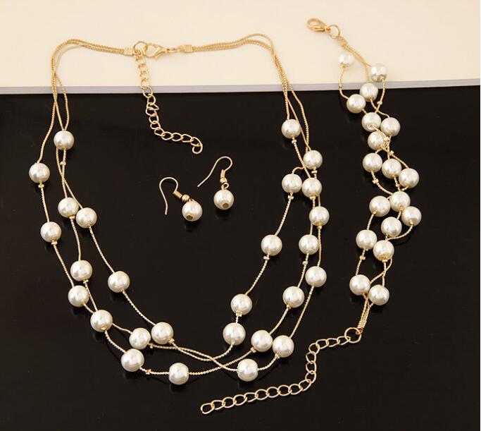 Imitation Pearl Jewelry Set Simulated Pearl Double Layer Women Earrings Necklace Bracelet Sets for Wedding N271