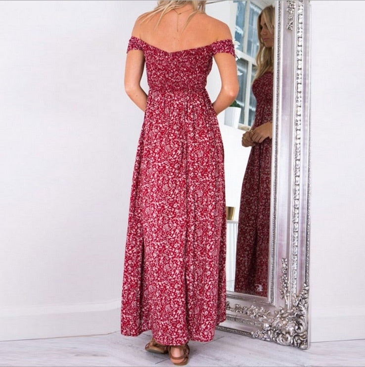 Sexy Strapless Beach Summer Dress Sundresses Vintage Bohemian Maxi Dress Robe Femme Boho Floral Women Split Long Dresses Vestido