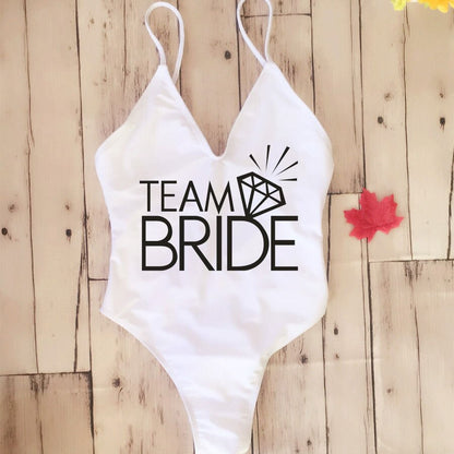 Thong padded Sexy One Piece Swimsuit Fused Swimwear Backless White Team BRIDE& SQUAD Bikini