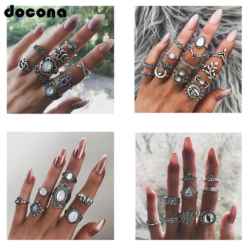 Boho Finger Jewelry Crown Geometric Rhinestone Leaf Women Ring Sets Hollow Stacking Finger Rings Vintage Silver Color