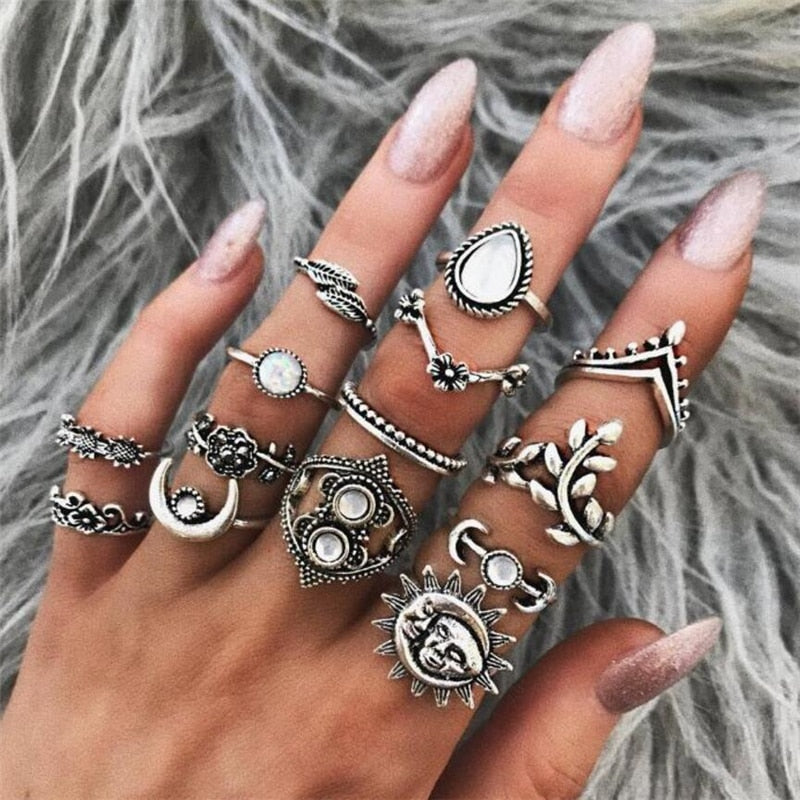 Boho Finger Jewelry Crown Geometric Rhinestone Leaf Women Ring Sets Hollow Stacking Finger Rings Vintage Silver Color