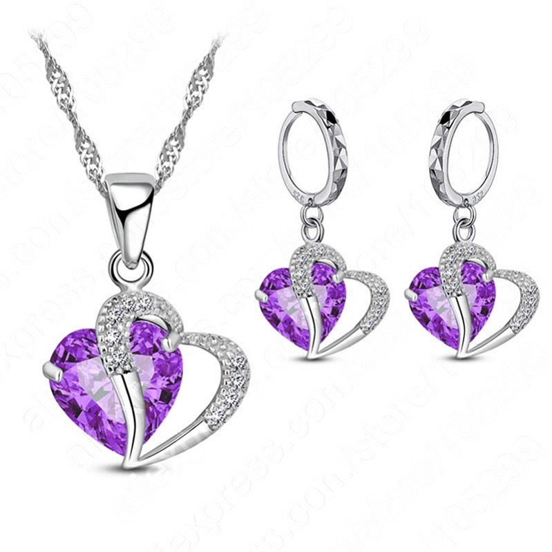 Luxury Women 925 Sterling Silver Cubic Zircon Necklace Pendant Earrings Sets Cartilage Piercing Jewelry Wedding Heart Design