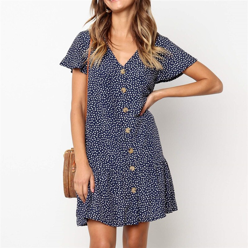 Bohemian Buttons Dot Printed Dress V Neck Short Sleeve Casual Mini Dress Sexy Loose Beach Dress