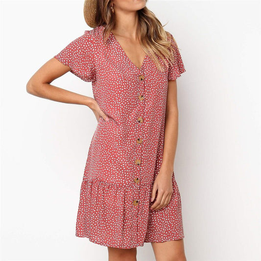 Bohemian Buttons Dot Printed Dress V Neck Short Sleeve Casual Mini Dress Sexy Loose Beach Dress