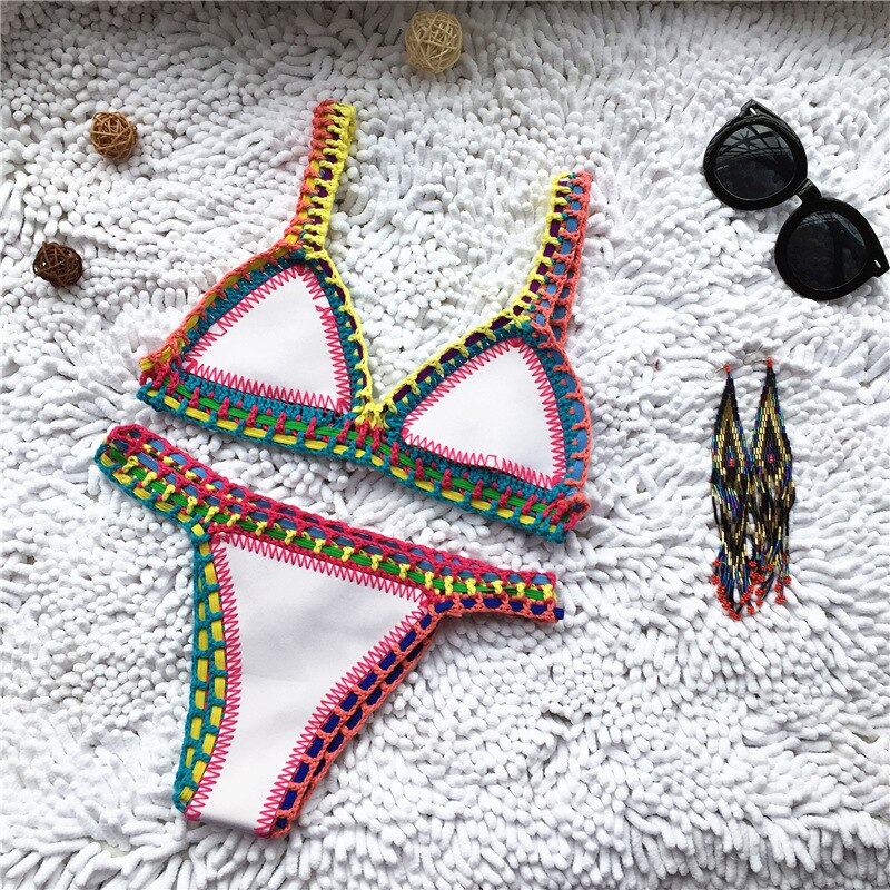 Hand Crocheted Bikini Knit Patchwork Women 2 Piece Swimsuit Halter Top Brazilian Bathing Suit