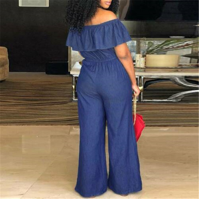 Jumpsuit Elegant Summer Sleeveless Bodycon Jumpsuit Ruffles Collar Plus Size Blue Rompers Overalls Trousers Pants
