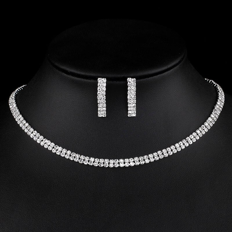 TREAZY Simple Crystal Bridal Jewelry Sets Silver Color Choker Necklace Earrings Sets for Women Wedding African Jewelry Sets
