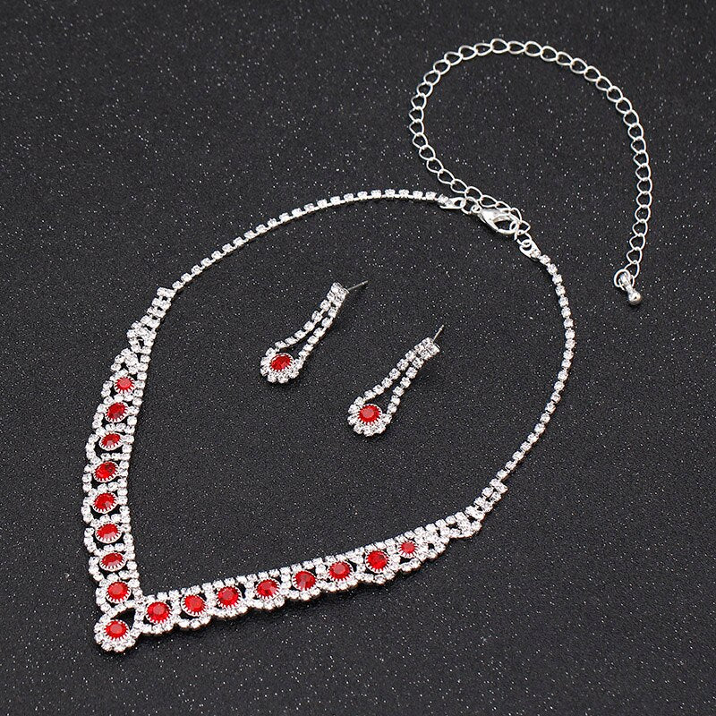 TREAZY Elegant Red Crystal Rhinestone Wedding Jewelry Sets for Women Choker Necklace Earrings Bracelet Bridal Jewelry Sets