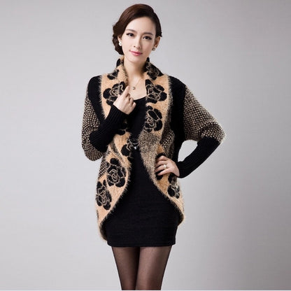 Back Long Knitted Printed Shawl Open Stitch Jacquard Sweater