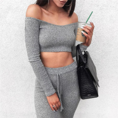 2PCS Sexy Women's Tracksuit Hoodies Slash Neck Gray Color Short Sweatshirt Tops + Long Pants Set