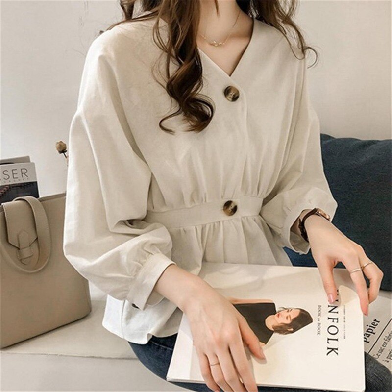 Women&#39;s Casual V Neck Button Up Slim Ruffles Waist Long Sleeve Solid Blouse Batwing Sleeve Shirt Women Tops Female  Autumn