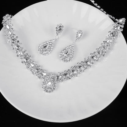 TREAZY Sparkling Rhinestone Crystal Teardrop Design Wedding Bridal Jewelry Set Silver Plated Women Choker Necklace Earrings Set