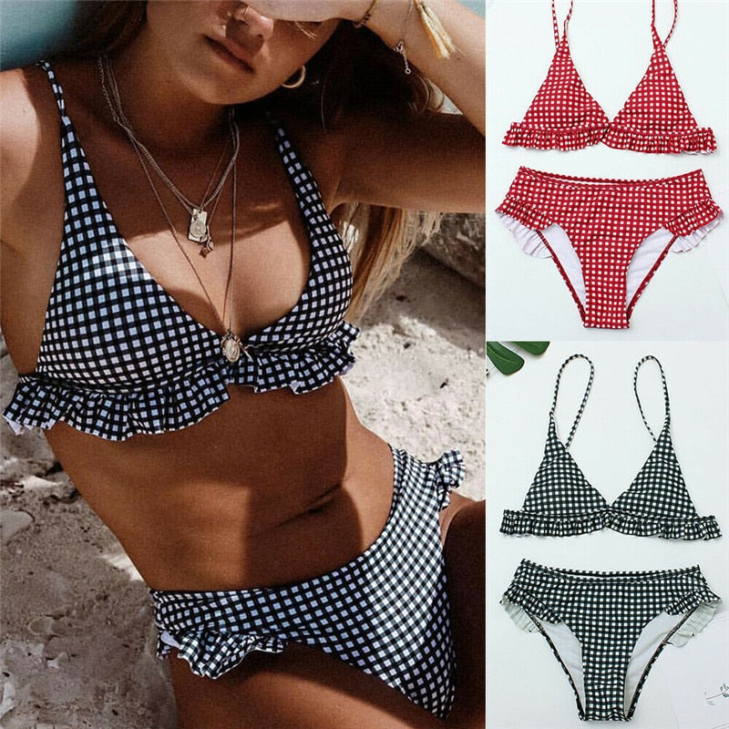 Sexy Plaid Bikini 2022 Red Green Plaid Bathing Suits Swimwear Ruffles Push Up Triangle Swimsuits Beachwear Women Swimming Suits