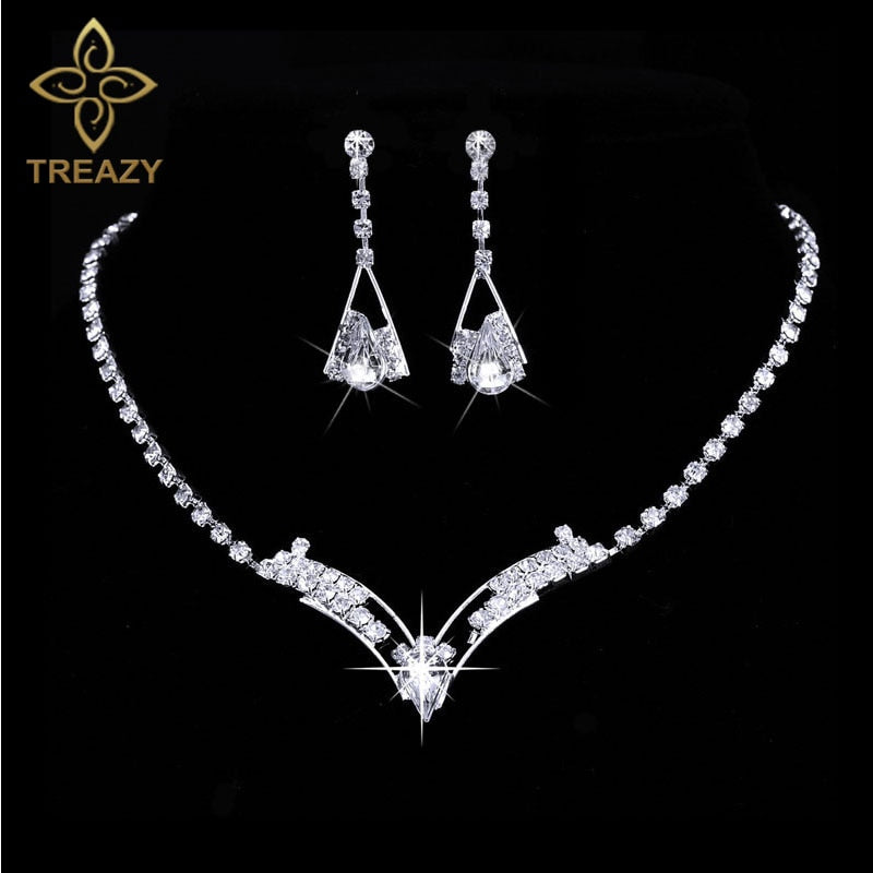 TREAZY Women Sparkling V Shaped Rhinestone Crystal Necklace Earrings Set Charm Silver Plated Wedding Bridal Jewelry Set