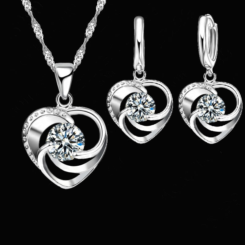925 Sterling Silver Necklace Earrings Set Long Chain Sweet Romantic Style Love Heart Shape For Women Lady Wife