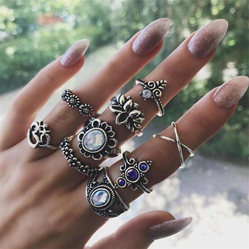 Boho Finger Jewelry Crown Geometric Rhinestone Leaf Women Ring Sets Hollow Stacking Finger Rings Vintage Silver Color