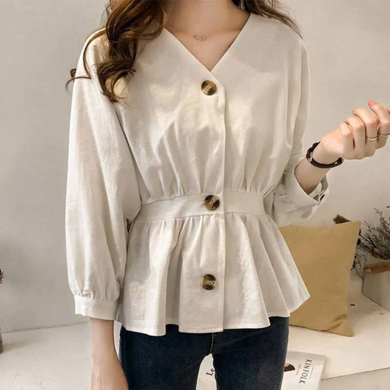 Women&#39;s Casual V Neck Button Up Slim Ruffles Waist Long Sleeve Solid Blouse Batwing Sleeve Shirt Women Tops Female  Autumn