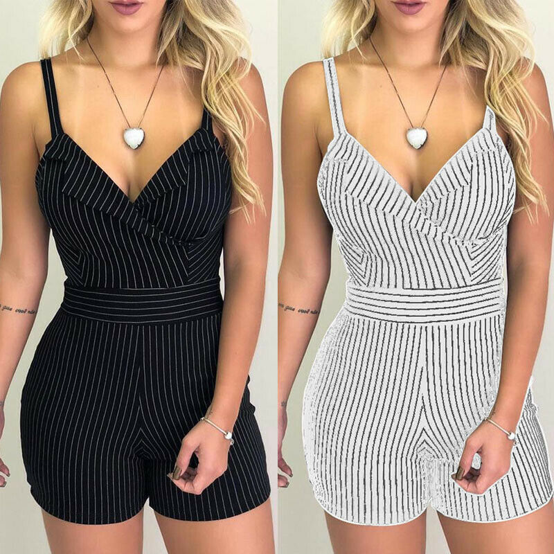 Summer Sexy Women Spaghetti Strap V-neck Striped Playsuit Jumpsuit Romper Beach Casual Female Loose Sleeveless Jumpsuits Clothes