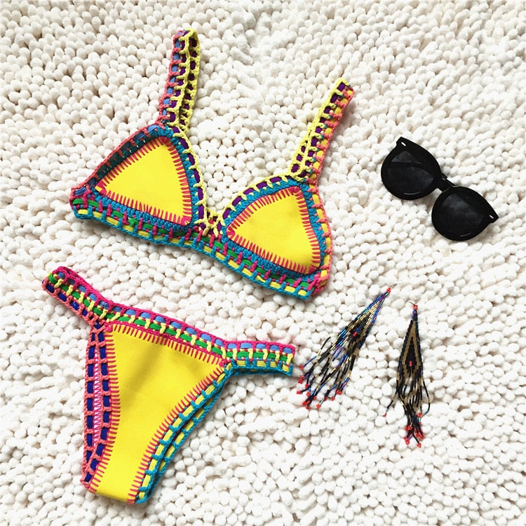 Hand Crocheted Bikini Knit Patchwork Women 2 Piece Swimsuit Halter Top Brazilian Bathing Suit