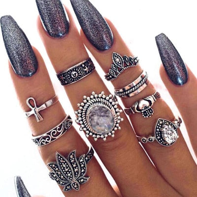 Boho Finger Jewelry Crown Geometric Rhinestone Leaf Women Ring Sets Hollow Stacking Finger Rings Vintage Silver Color