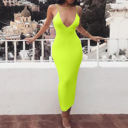 Women sexy strap v-neck dress solid Neon color sleeveless skinny long dress