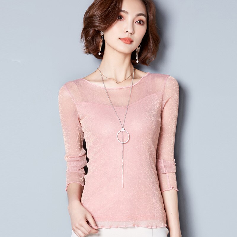 2021 Glitter Mesh Blouse Sexy Womens Shirts Long Sleeve Tops Korean Black Pink O-Neck Elegant Slim Blouse Camisas Femininas