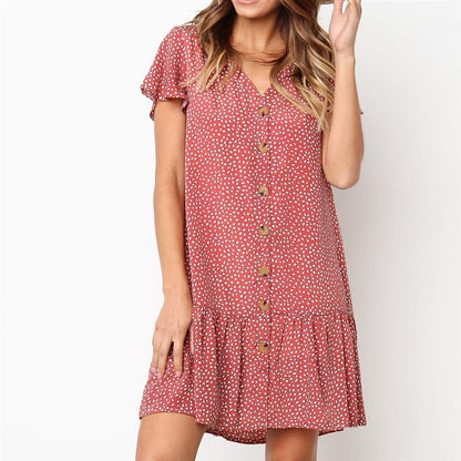 Bohemian Buttons Dot Printed Dress V Neck Short Sleeve Casual Mini Dress Sexy Loose Beach Dress