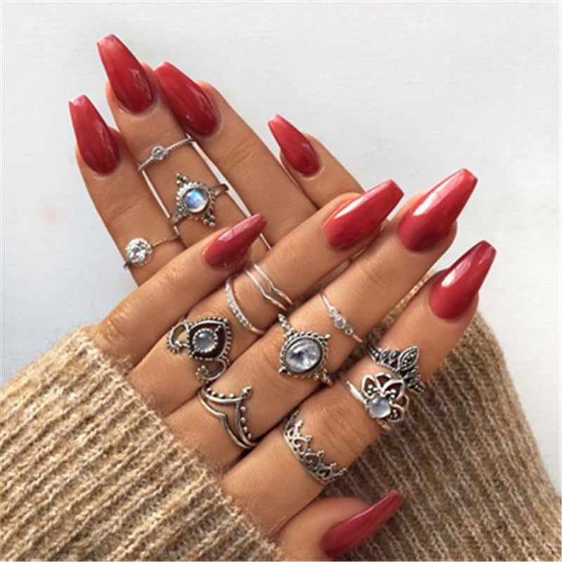 Boho Finger Jewelry Crown Geometric Rhinestone Leaf Women Ring Sets Hollow Stacking Finger Rings Vintage Silver Color