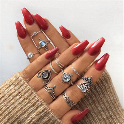Boho Finger Jewelry Crown Geometric Rhinestone Leaf Women Ring Sets Hollow Stacking Finger Rings Vintage Silver Color