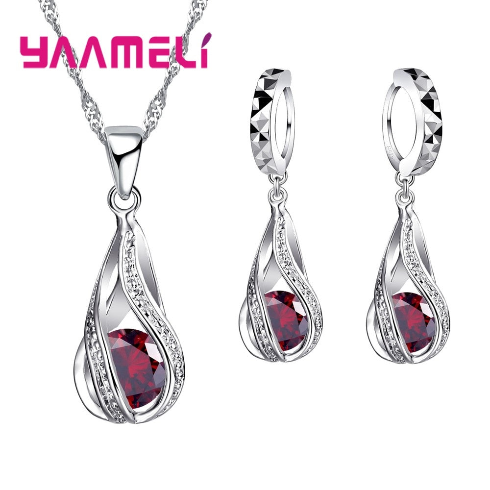 Hot Water Drop CZ 925 Sterling Silver Jewelry Set For Women Pendant Necklace Hoop Earrings Wedding Party Ceremoey Anel