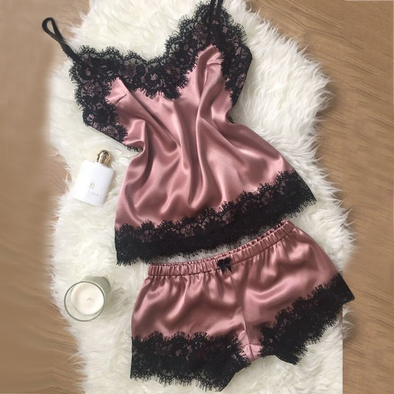 40^V-Neck Pyjamas Sleeveless Cute Cami Top and Shorts for women  fishion Women's Sleepwear Sexy Satin Pajama Set Black Lace