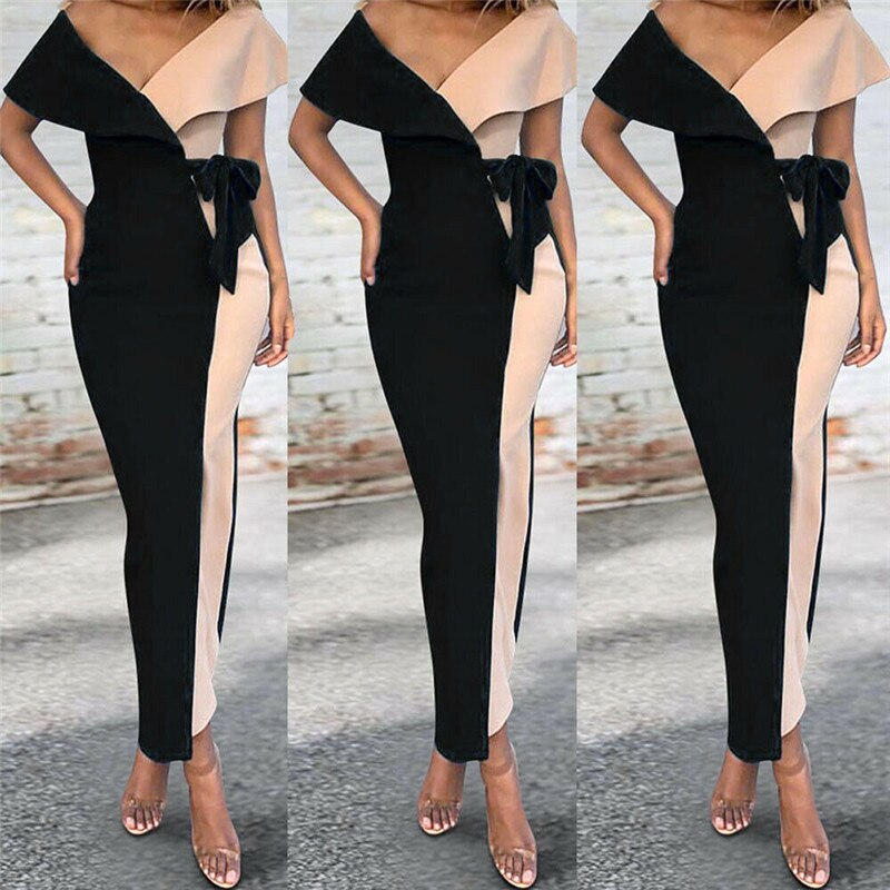 Elegant Women Summer Wrap Sexy Stitching  Dress Ladies Holiday Long Dress