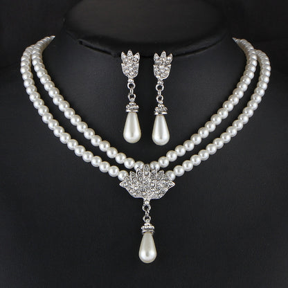 TREAZY Elegant Simulated-pearl Bridal Jewelry Sets Rhinestone Pearl Drop NECKLACE+EARRINGS Wedding Jewelry Sets for Women Gifts