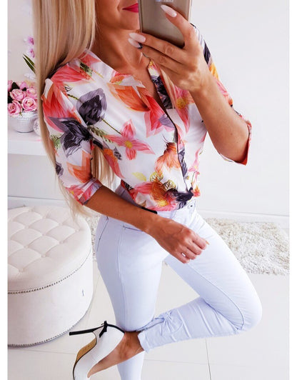 3/4 Sleeve Floral Loose Blouses Tops Woman Female Shirt